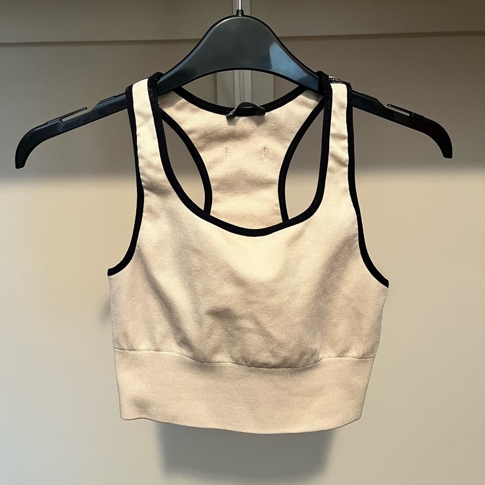 Oiselle Cream and Black Racerback Sports Bra